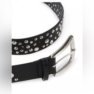 The Kooples chunky black leather studded silver Belt with large Western Buckle.